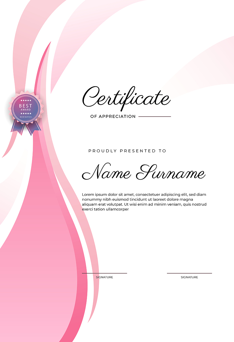 Modern elegant blue and pink certificate of achievement template with badge and border. Designed for diploma, award, business, university, school, and corporate.