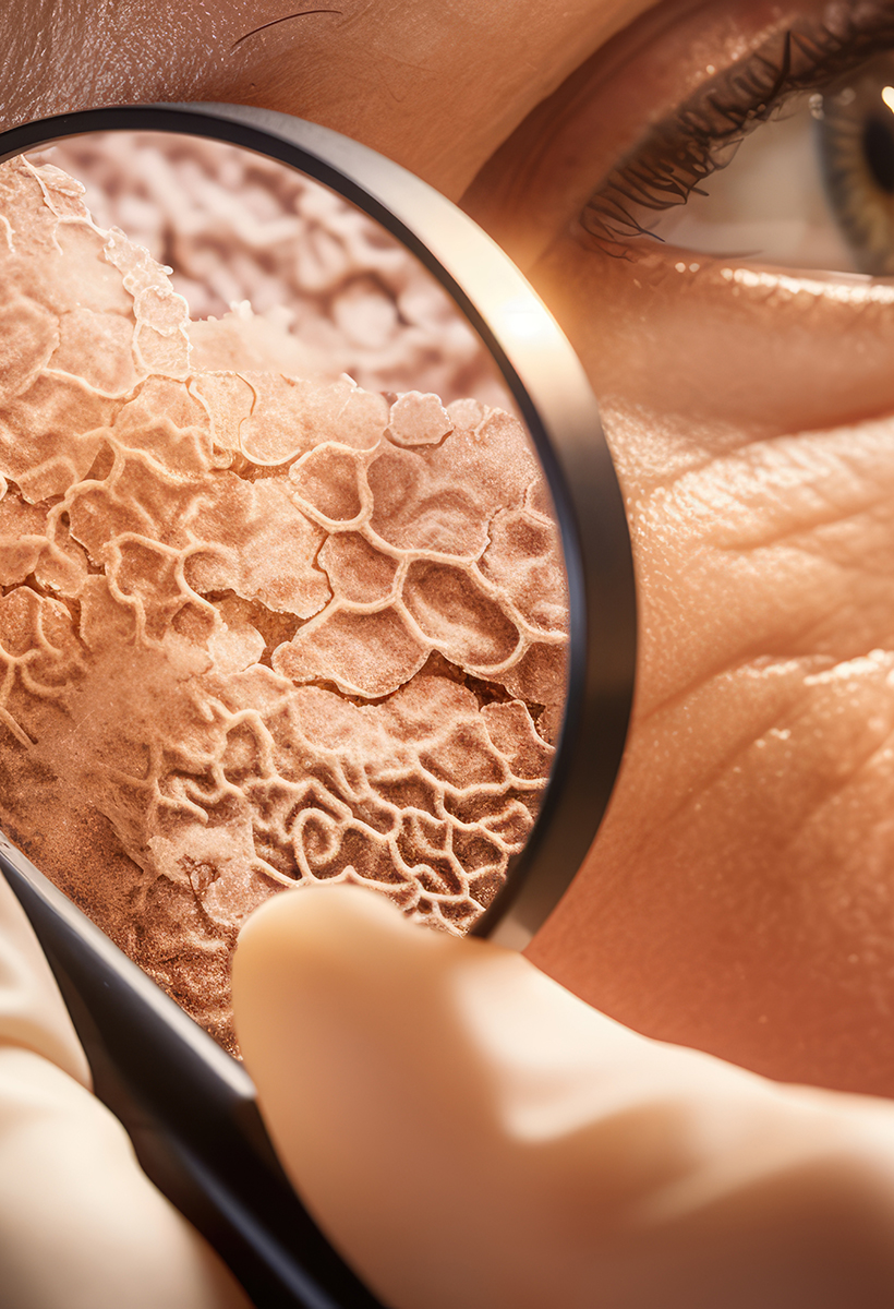 A close-up shot of a dermatologist examining a patient's skin un